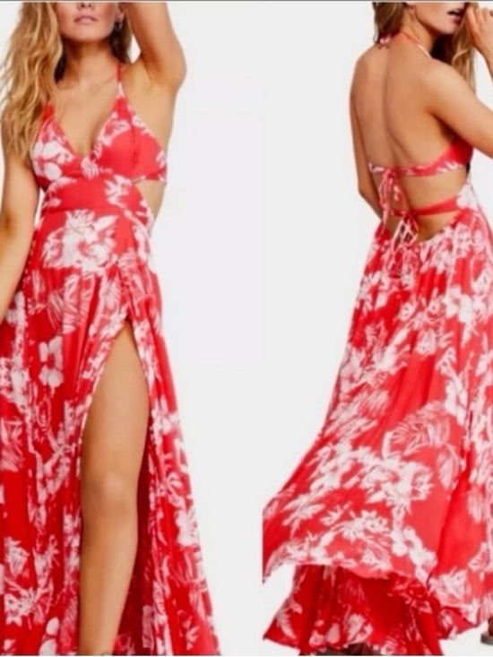 Free People Dresses & Skirts - Free People Raspberry Pink Red Tropical Cutout Maxi Dress Size L